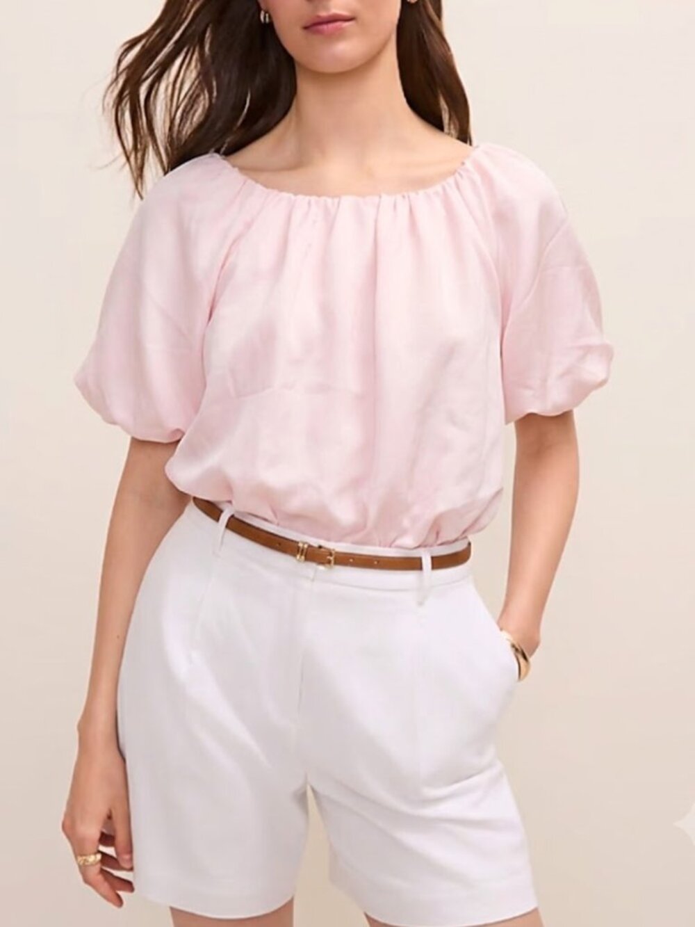 New Ann Taylor Pale Pink Blush Cropped Blouson Puff Shoulder Blouse